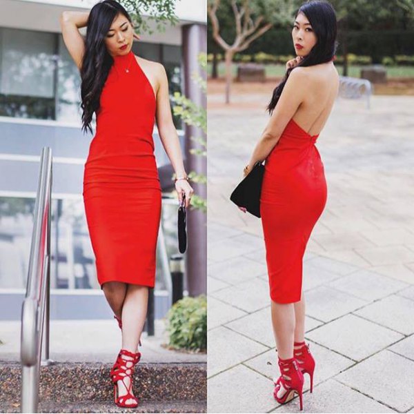 backless, backless midi dress with halter and matching lacing heels