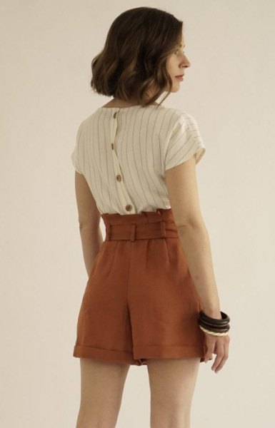 white and gray striped shirt with brown vintage shorts with high waist