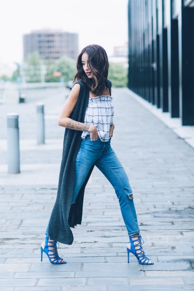 white-blue checked tube top with maxi gray cardigan