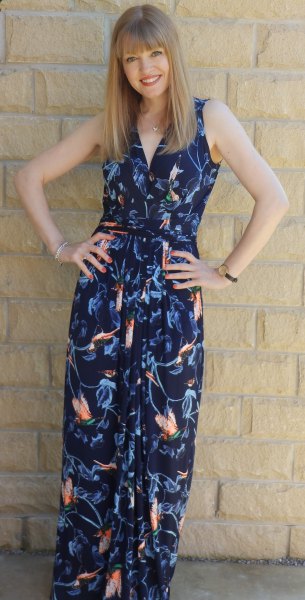 navy blue maxi dress with floral pattern and navy sandals
