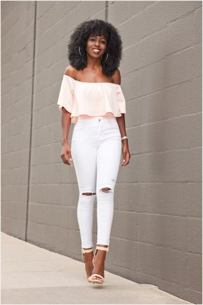 pale yellow off shoulder blouse with white skinny jeans