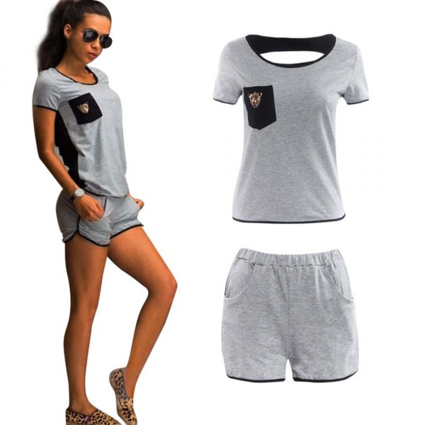 gray t-shirt with mini sweat shorts and loafers with leopard print
