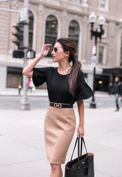 black elegant top with pink midi skirt