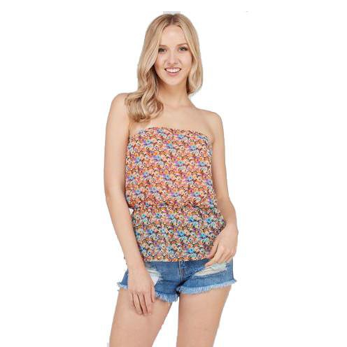 strapless top with floral pattern in orange and blue with mini denim shorts