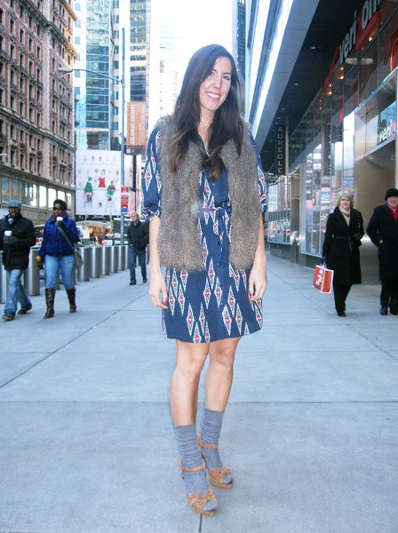 Navy tribal printed dress with half sleeves and gray faux fur scarf