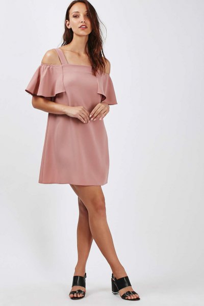 pink bardot mini dress with cold shoulder and open toe heels