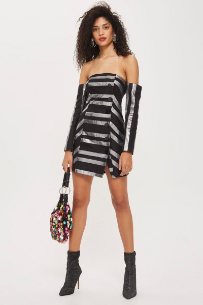 black and silver striped Bardot mini dress with ankle boots