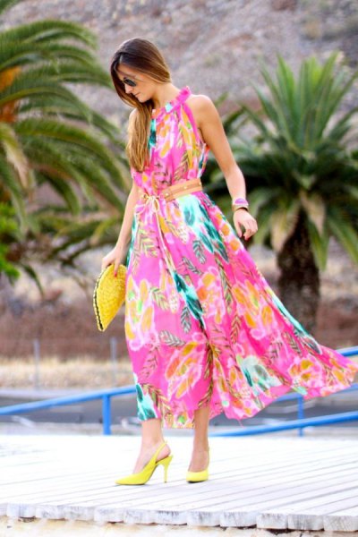 Maxi dress with pink and yellow floral print and lemon heels