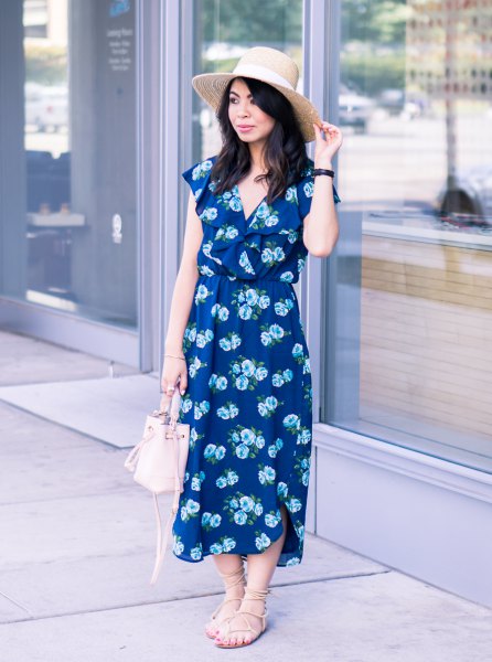 Dark blue maxi dress with v-neck and floral pattern