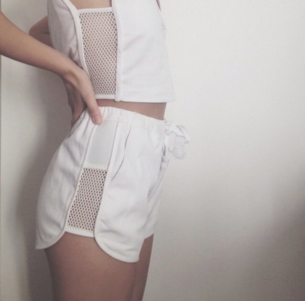 white side mesh mini shorts with matching sports crop top