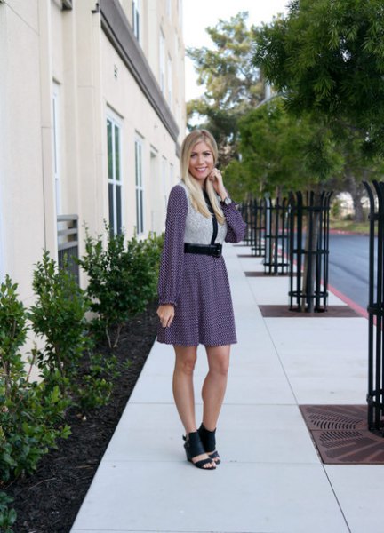 light gray vest with long-sleeved mini dress and open toe boots