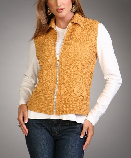 golden lace vest with zipper and white long-sleeved T-shirt
