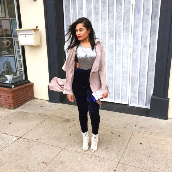 Light pink long blazer with silver sequin tank top and dark blue leggings