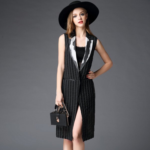 black and white striped knee-length vest dress with belt and felt hat