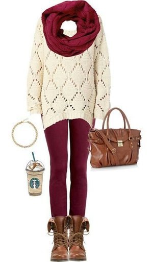 white crochet sweater with infinity scarf and burgundy leggings