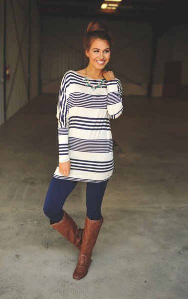 blue and white striped long sleeve tunic with dark blue leggings