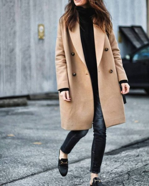 Camel longline wool coat with black mock neck sweater and maxed skinny jeans