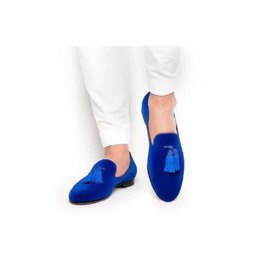 white Slino fit chinos with sweater and royal blue loafers