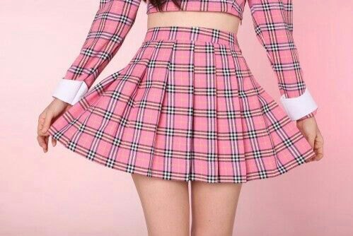 pink and black checkered long sleeve top with matching skater mini skirt