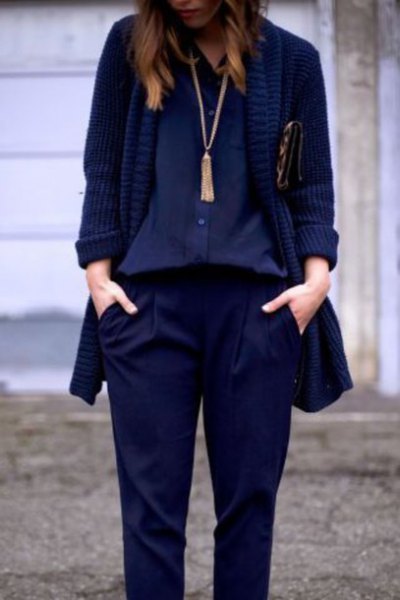 Navy blouse with blazer and long boho style necklace