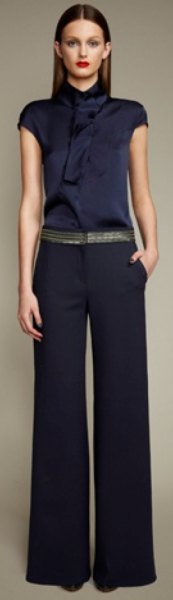 Silk blouse with mock neck and flared pants