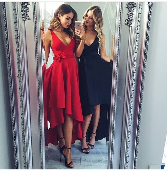 red deep v-neck fit and flared high-low midi occasion dress