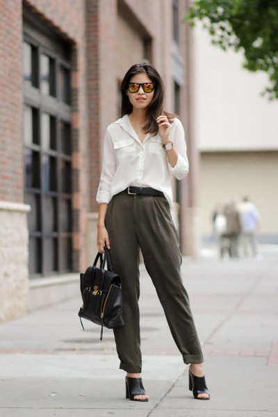white long sleeve blouse with gray chinos with straight legs