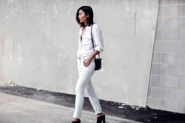 white shirt with matching jeans and black open toe heels