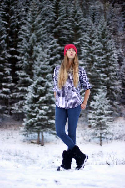 black and white checked hiking shirt with snowshoes