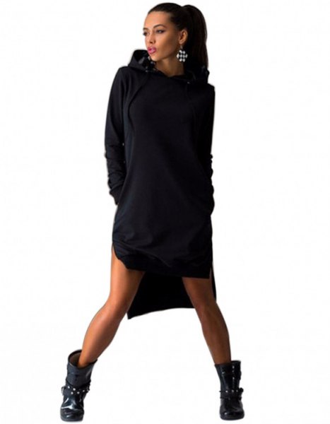 black hoodie dress with leather ankle boots