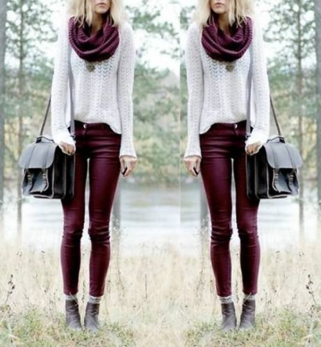 white crochet knit sweater with infinity scarf and maroon skinny jeans