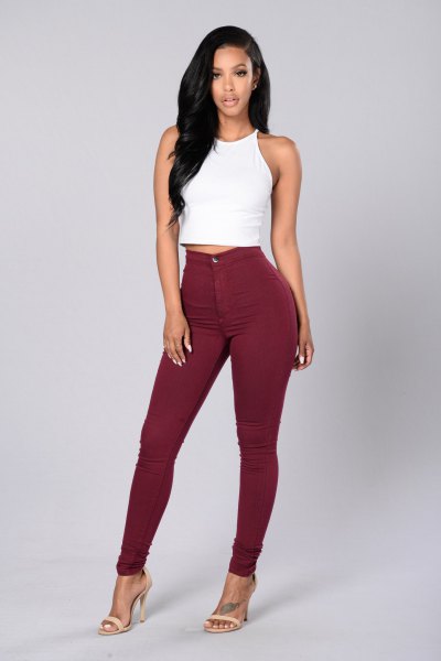 white short tank top with super thin maroon jeans
