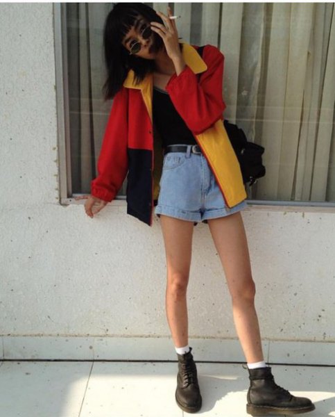red black and yellow color block windbreaker with light blue mini denim shorts