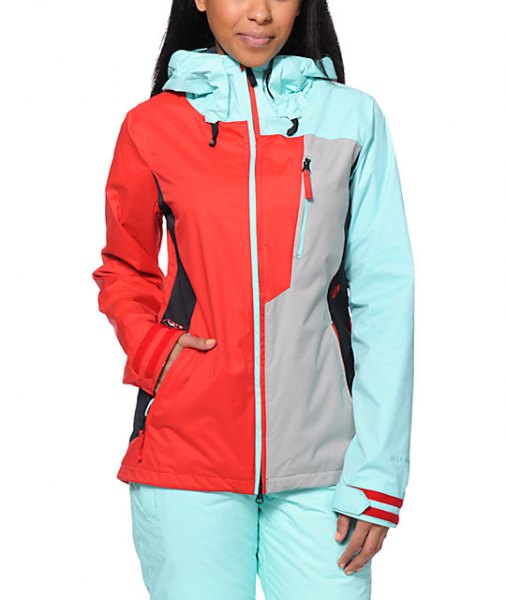 white pink and red windbreaker with snow pants
