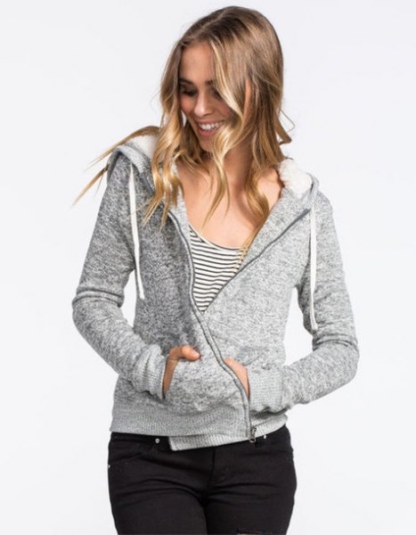 Slim fit hoodie with zip and black and white striped tank top with a scoop neck