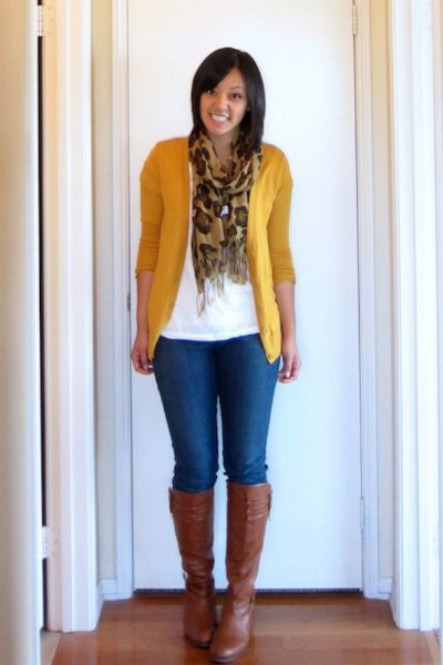 mustard yellow cardigan with white t-shirt and silk fringed scarf