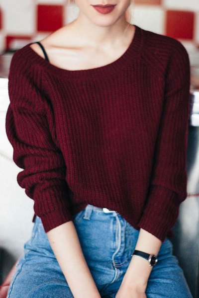 Maroon rib sweater with a boat neckline, black top with spaghetti straps and mom jeans