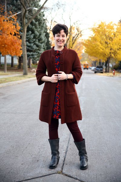 dark red tunic sweater with buttons over the mini dress with leopard print
