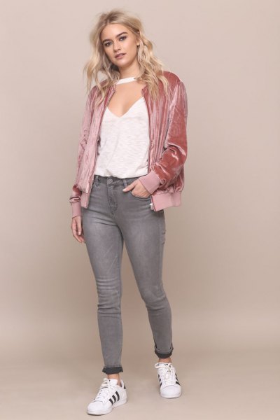pink gold velvet cotton jacket with white deep top in v-neck