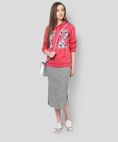 pink graphic sweater with zipper with heather gray midi skirt
