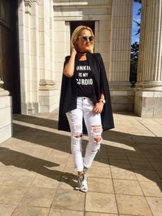 black graphic tee with oversized blazer and ripped slim fit jeans