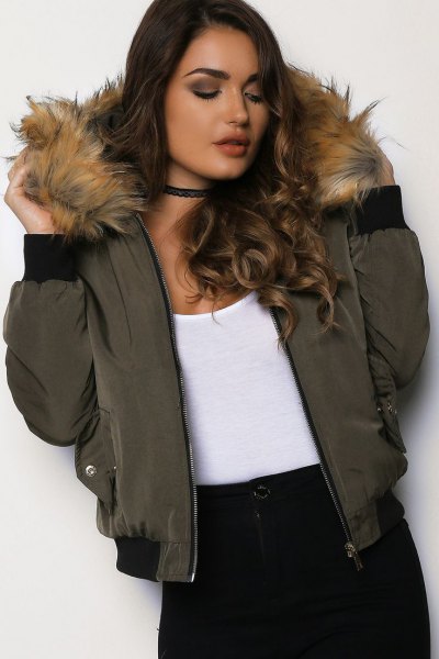 green cotton jacket with green fur with white top and black choker