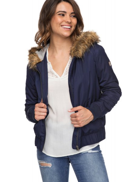 navy blue faux fur jacket with cotton jacket with chiffon blouse