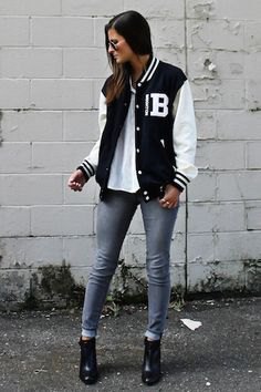 black and white jacket with white tee and gray skinny cuffed jeans