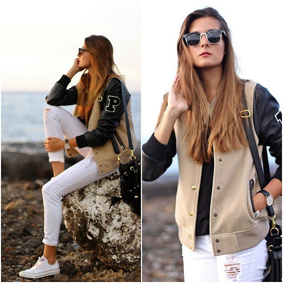 blush pink and black leather two toned college jacket with white jeans