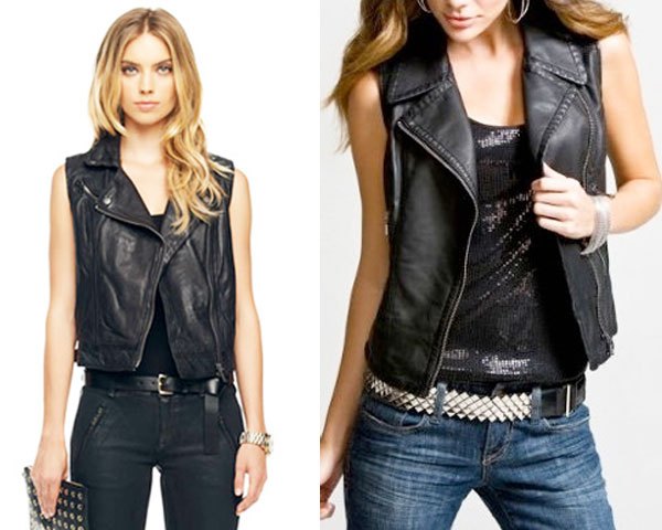 black motorcycle leather vest with shoe neck top and slim fit jeans
