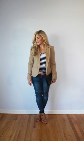 tan slightly oversized blazer with black and white striped bucket neck top