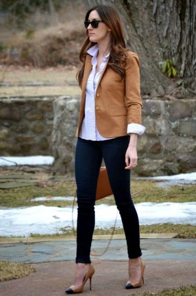 tan blazer with white button up shirt and black ankle jeans