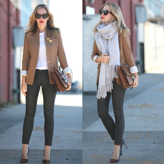 tan blazer with gray striped scarf and slim jeans in ankle