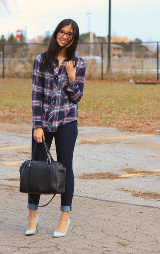 gray checkered shirt with pale pink heels and black leather handbag